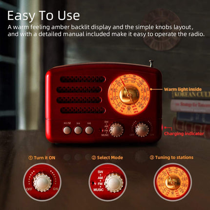 PRUNUS J-160 AM/FM/SW retroraadio Bluetoothiga, väike nostalgiaraadio 1800mAh akuga, väike köögiraadio, transistorraadio, toetab USB/TF/Aux funktsiooni. (Punane)