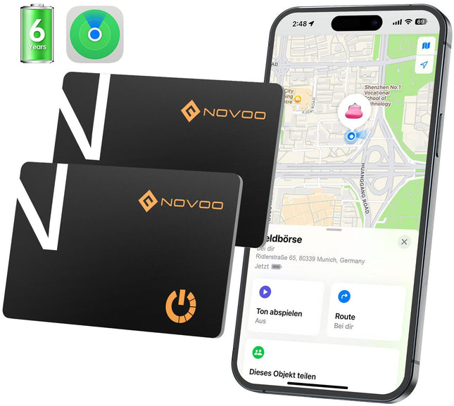 NOVOO Air Tag Card Wallet Tracker Card Thin 1.6mm Smart Bluetooth Tag 6-Year Battery Life Compatible with Apple Find My APP (iOS only), GPS Item Finder for Wallet, Luggage Tag - 2 Pack
