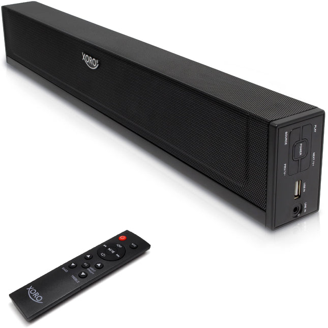 XORO TV heliriba HSB 50 V2 võimsusega 25 vatti, Bluetooth-kõlar, USB-meediapleier, Line IN, optiline ja koaksiaalne audiosisend, seinale paigaldamise võimalus