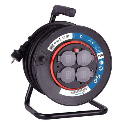 Electraline 49125 Cable Drum H05VV-F 3G1.5 25 m Cable/Cable Reel with 4 Schuko Sockets/Cable Box with Extension Cable/Cable Reel with Crank, Black, New
