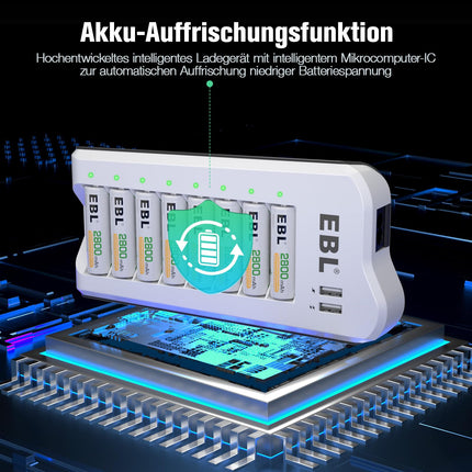 EBL akulaadija AA akudega 2800mAh 8 tk pakis - akulaadija 2 USB-pordiga AA, AAA, NI-MH akude ja USB-seadmete jaoks, mitmekordne kaitse, akude LED-ekraan