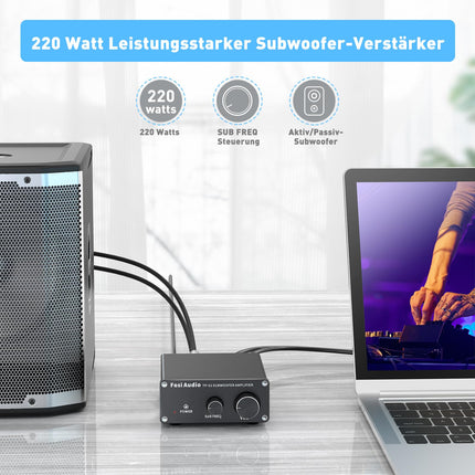 Fosi Audio TP-02 subwooferi võimendi koduheli, minibassi võimendi mono subwooferi võimendi 220W, TDA7498E kiibi helitugevuse ja sageduse juhtimisega, aktiivse passiivse subwooferi bassi raputaja jaoks