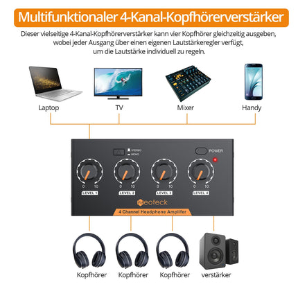 Neoteck 4-kanaliline kõrvaklapivõimendi metallist stereohelivõimendi helitugevuse regulaatoriga 3,5 mm helikaabel 4-kanaliline mono-/stereohelivõimendi salvestamiseks/miksamiseks/muusika harjutamiseks