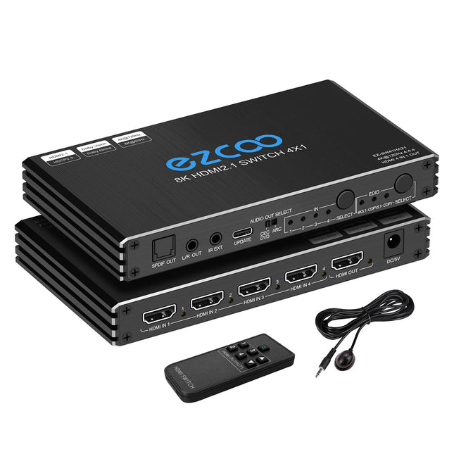 4K 120Hz HDMI 2.1 Switch 4x1 Audio Extractor VRR ALLM HDCP2.3 ARC HDR10+ CEC Optical SPDIF and 3.5mm AUX Audio Out, HDMI Auto Switch 4 IN 1 Out IR Remote Dolby Digital EDID for PS5 Xbox NVIDIA