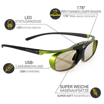 Hi-Shock DLP Pro Lime Heaven | DLP Link 3D Active Glasses for 3D DLP projectors from Acer, BenQ, Optoma, and Viewsonic | Compatible with PPA5610 / E4W [96-200 Hz | Battery | 32 g | Rechargeable]
