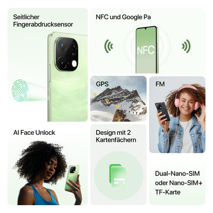 UMIDIGI G9C 50MP nutitelefon lukustamata Android 14-12(6+6) GB+128GB mobiiltelefon 6,75-tolline 90Hz ekraan, 5000mAh, 2,2GHz protsessor, 4G kahe SIM-kaardiga, kaasas laadija, Bluetooth 5.4/Face ID/GPS/NFC-roheline