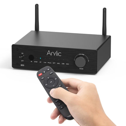 Arylic B50 võimendi Bluetoothiga, stereovõimendi, 2-kanaliga 50W*2 kodukino võimendi, HDMI, ARC, OPT, DAC ja Phono sisendiga. Toetab aptX kõrglahutusega muusika edastamist ja vastuvõtmist.