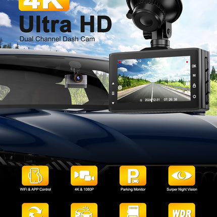 Auto videoregistraator ees/taga 4K+1080P, WiFi videoregistraator 64GB mälukaardiga, 3" IPS ekraan, öönägemine+WDR, G-sensor, tsükkelsalvestus, 170°+140° lainurk, 24H parkimisrežiim, rakenduse juhtimine, tugi max 256GB