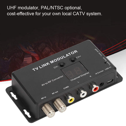 Dpofirs UHF modulaator, TM70 UHF TV LINK modulaator AV-RF muundur IR-pikendaja kanalite kuvamisega, modulaator modulaator AV-RF muundur IR-pikendaja, toetab PAL/NTSC-d USB laadimiskaabliga