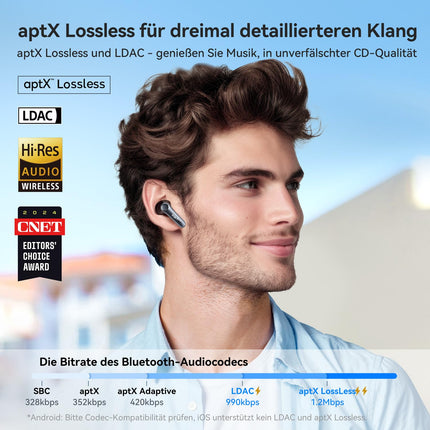 EarFun Air Pro 4 Bluetooth-kõrvaklapid adaptiivse hübriidmüra summutusega, aptX Lossless tehnoloogia, kõrglahutusega heli, LDAC, 6 mikrofoni, cVc 8.0 tehisintellektiga kõned, 52-tunnine aku tööiga, Multipoint, Bluetooth 5.4 ja kõrvasisese tuvastus.