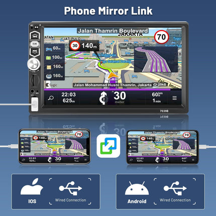 Inefala 1 DIN autoraadio Carplay ja Android Auto funktsioonidega, 7-tolline puutetundlik ekraan Bluetoothi, Mirror Linki, FM, AUX/TF/USB, SWC, ekvalaiseri ja tahavaatekaameraga