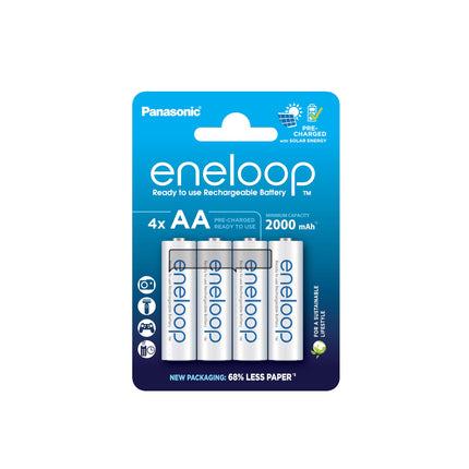 eneloop, AA/Mignon NI-MH laetav aku, 4 tk pakis, mahutavus min. 2000 mAh, kasutusvalmis NI-MH laetavad akud, laetav kuni 2000 korda, plastvaba pakend, standardne, valge