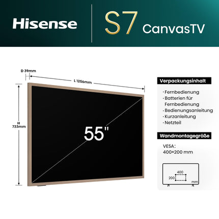 Hisense 55S7NQ 139 cm (55-tolline) lõuenditeler, 4K QLED, lai värvigamma, Dolby Vision IQ, 144 Hz, DVB-T2/T/C/S2/S tuuner, Wifi, HDMI 2.1, HLG, HDR10/HDR10+ adaptiivne ühendus, VIDAA, sisseehitatud Alexa, filmitegija režiim