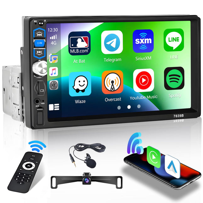 Hikity 1 DIN autoraadio juhtmevaba Carplay Android Auto, 7-tolline puutetundlik ekraan, autoraadio Bluetooth Mirror Link FM USB/AUX/TF + tahavaatekaamera mikrofoniga