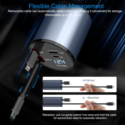 4-in-1 Retractable Car Charger, Fast Car Phone Charger with 69W Retractable Cable and 2 USB Ports Car Charger Adapter Compatible with Phone 15/14/13/12 Pro Max XR, iPad