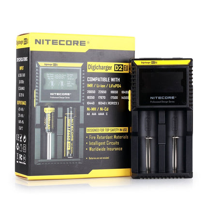NiteCore D2 EU Intellicharger intelligentne nutikas universaalne LCD-ekraaniga topeltakulaadija must 18650 18350 26650 AAA AA CR123A akudele