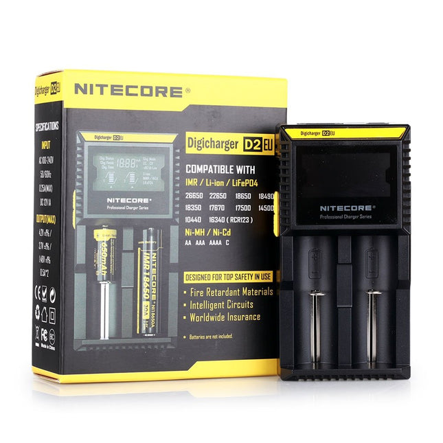 NiteCore D2 EU Intellicharger intelligentne nutikas universaalne LCD-ekraaniga topeltakulaadija must 18650 18350 26650 AAA AA CR123A akudele