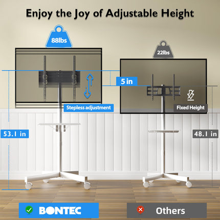 BONTEC mobiilne telerialus ratastel 23–60-tollistele plasma-/LCD-/LED-teleritele, kaasaskantav telerialus sülearvuti riiuliga, reguleeritava kõrgusega rulluv telerialus kuni 25 kg, max. VESA 400x400 mm (valge)