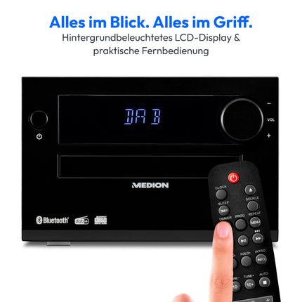 MEDION E64482 mikroaudiosüsteem kompaktne süsteem (DAB+, CD-mängija, PLL FM-raadio, Bluetooth, MP3-mängija, AUX, kõrvaklapipesa, USB, unetaimer, hämardatav ekraan) must