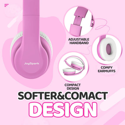 JoySpark Bluetooth laste kõrvaklapid, kõrvaklapid 85/94dB helitugevuse piiranguga, 60 tundi mänguaega, Bluetooth 5.3, sisseehitatud mikrofon (roosa)