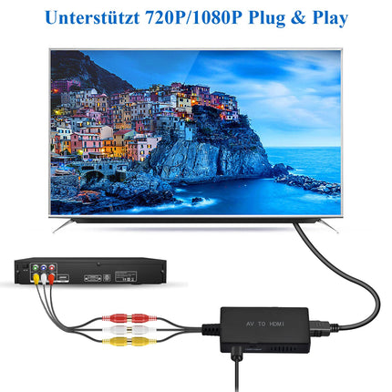 Amtake RCA to HDMI, 1080P AV to HDMI Adapter, Cinch to HDMI Adapter with HDMI Cable for PS2/PS3/Xbox/SNES/N64/STB/VHS/VCR Video Recorder DVD, Supports PAL/NTSC
