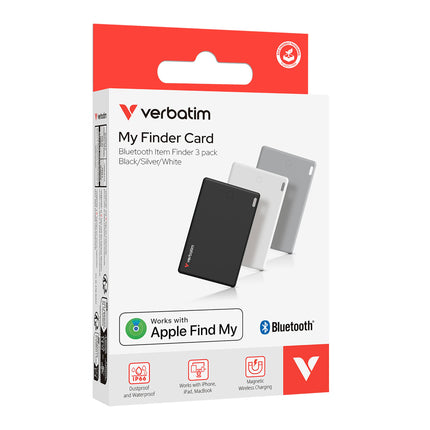 Verbatim My Finder kaartide komplekt (3 tk), õhuke rahakoti jälgimiskaart, laetav Bluetooth-esemete leidja rahakottidele, passidele jne, ühildub Apple'i "Find My?" funktsiooniga.