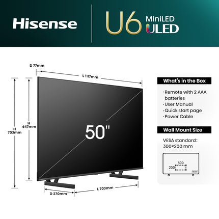 Hisense 50U6NQ 126 cm (50-tolline) 4K Mini LED ULED HDR nutiteler, 60Hz, HDMI 2.0, Game Mode Plus, Dolby Vision ja Atmos, Bluetooth, sisseehitatud Alexa, antratsiithall, [2024]