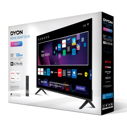 DYON Movie Smart 50 VX - 50-inch (126 cm) TV (4K Ultra HD Smart TV, Triple Tuner (DVB-C/-S2/-T2), App Store, Prime Video, Netflix, YouTube, DAZN, Disney+) [Mod. 2024]
