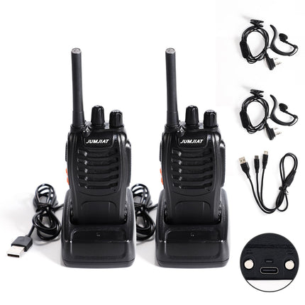 JUMJIAT Walkie-Talkie 16 kanaliga pikamaaraadiod, raadiosaatjad sisseehitatud LED-taskulamp, USB-C-laadimiskaabel ja peakomplekt (2 tk)