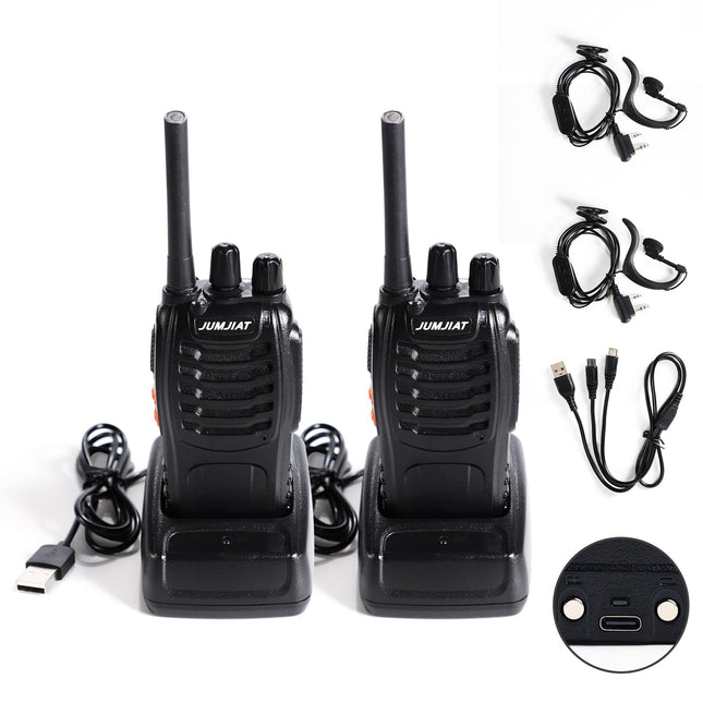 JUMJIAT Walkie-Talkie 16 kanaliga pikamaaraadiod, raadiosaatjad sisseehitatud LED-taskulamp, USB-C-laadimiskaabel ja peakomplekt (2 tk)