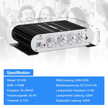 HiFi helivõimendi, 2.1-kanaliline stereovõimendi, RMS 20Wx2+40W ST-838 subwooferi väljundiga, D-klassi mini-digitaalne võimsusvõimendi, vastuvõtja AUX-sisendiga koduseks kasutamiseks, autokõlarid, must (sisaldab toiteadapterit)