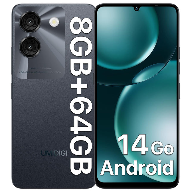 UMIDIGI G9A nutitelefon, Android 14 Go mobiiltelefon ilma lepinguta, 8GB+64GB/1TB mobiiltelefon, 6,75-tolline HD-ekraan, 4G kahe SIM-kaardiga lukustamata mobiiltelefonid, kaheksatuumaline protsessor, 13MP+8MP kaamera/5000mAh aku - must