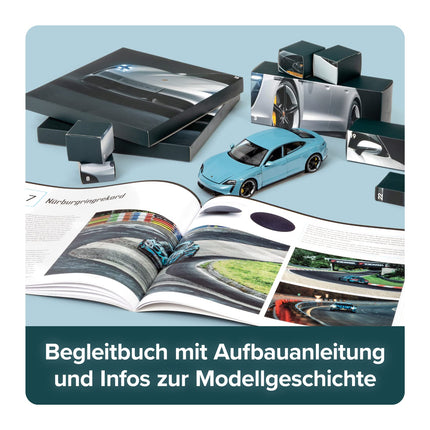 FRANZIS 67203 - Porsche Taycan Advent Calendar Frozen Blue, metal model kit in 1:24 scale, including LED showroom lighting and 52-page accompanying book