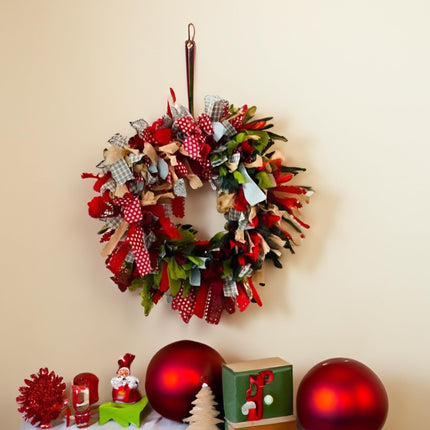 Christmas wreath, Christmas decoration, handmade, made from recycled, seasonal multi-colored, green, red fabric, GoodWeave certified, 30 cm diameter, suitable as a mobile, door or wall hanging