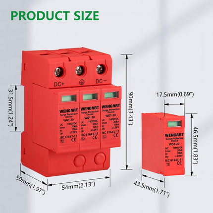 Wengart surge protection device, DC1000V 3P 10-20kA 36 mm DIN rail mounting, low-voltage protective device for lightning protection, power distribution and control devices