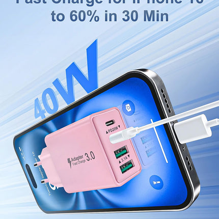 USB-C laadija, 40W 4 porti USB-C pistikuga kiirlaadija toiteadapter iPhone 16 15 14 13 12 11 Pro Max Plus, Samsung Galaxy telefonidele, mitme laadimispistikuga PD+QC toiteadapteri pistik