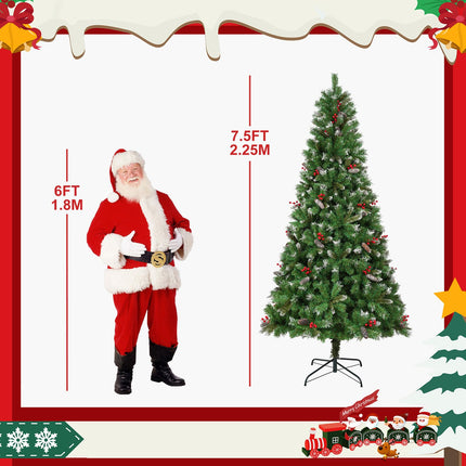 Uten kunstkuusk 225 cm, luksuslik lumehelveste kujuline sisekaunistus kuusepuule 39 punaste marjade ja männikäbide kobaraga, PVC 1200 naturaalse välimusega otsa, hingedega, korduvkasutatav