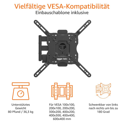 Amazon Basics teleri kinnitus/seinakinnitus, pöörlev, kallutatav, 66–140 cm kumeratele ja lameekraanteleritele või monitoridele kuni 36 kg, max. VESA 400 x 400 mm, must