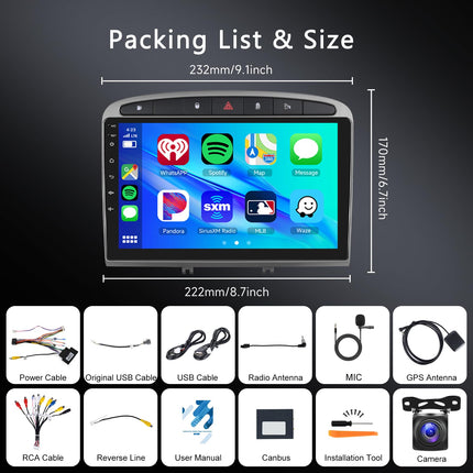 2G+64G Android autoraadio Peugeot 308 408 2007-2015 mudelitele koos juhtmevaba Carplay, Android Auto Mirrorlink, Hodozzy 9-tollise puutetundliku ekraaniga autoraadio navigatsiooniga, DSP, Bluetooth, WiFi, FM/RDS raadio, roolil juhtimine