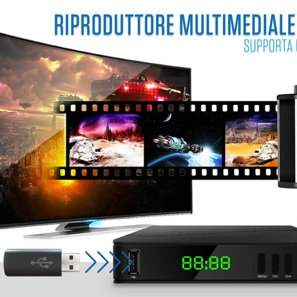Atlantis SMARTIX DH17 maapealne digitaalne dekooder DVB-T2 HEVC H.265 mpeg2/mpeg4 H.264 meediapleier USB-pordi, HDMI ja SCART kaugjuhtimispuldiga, õppiv, Main 10, must