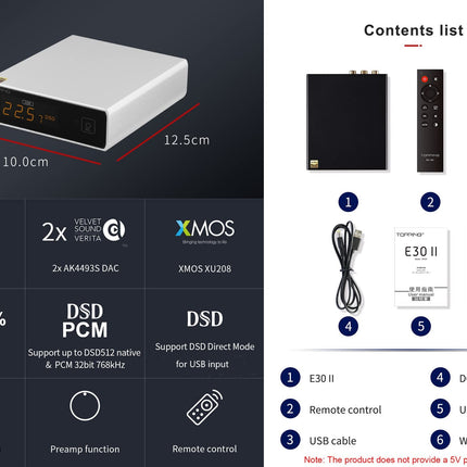 Topping E30 II DAC Preamplifier – 2 x AK4493S Hi-Res XMOS XU208 DAC 32-bit/768 kHz DSD512 DSD Direct Mode Decoder for USB/Coax/Optical Inputs RCA HiFi Stereo Digital Audio Decoder Black