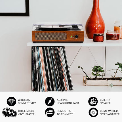 Record player with speakers, wireless LP phonograph with built-in stereo speakers, 3-speed belt drive, record player with speakers, Bluetooth, retro yellow