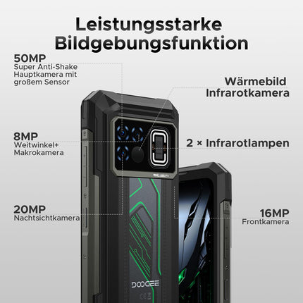 DOOGEE Fire 6 Max 5G välistingimustes kasutatav mobiiltelefoni termokaamera, 20GB+256GB 20800mAh 33W välistingimustes kasutatav nutitelefon ilma lepinguta, 50MP+20MP öönägemine, kaks 120M taskulampi, 6.78" FHD+ 120Hz, LED-tuli/NFC/Face ID/kaks SIM-kaarti