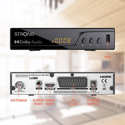STRONG dekooder TNT UHD 4K | DVB-T2 | ühildub HEVC265-ga | USB-TV vastuvõtja/tuuner | Dolby Digital Plus | HDMI | Scart