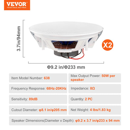 VEVOR 2 tk 20 cm laekõlareid, 50 W, lakke ja seinale kinnitatav kõlarisüsteem 8 Ω takistusega ja 89 dB tundlikkusega, koju, kööki, elutuppa, magamistuppa või katusealusele verandale