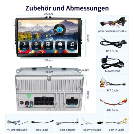 CAWELL DAB+ autoraadio VW Golf 5 6 T5 Polo Sharan Passat Tiguanile, [Android 13.0 4GB+64GB 2.0Ghz] CAWELL topelt-DIN raadio 4G/Navi/Bluetoothiga (9-tolline, 2.0GHz, 8-tuumaline Android 13 DAB-ga)