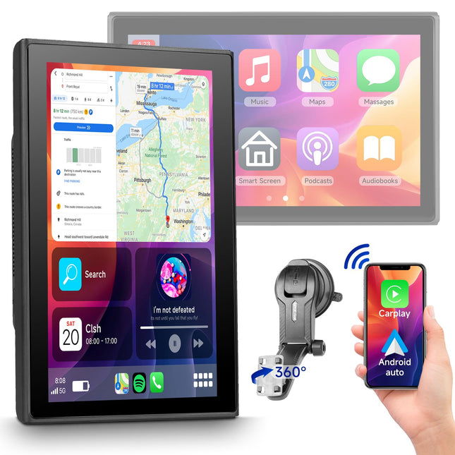 Podofo 7'' Carplay ekraan koos Carplay Android Auto-ga, horisontaalne ja vertikaalne ekraan, Bluetooth/AUX/FM-saatja kaasaskantav autoraadio Android Auto ekraaniga navigatsiooniga, hääljuhtimine, DC7-32V