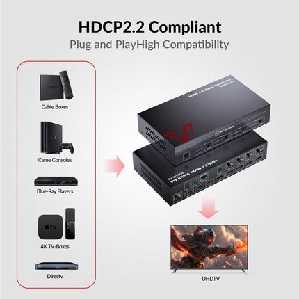 AV Access 4x4 HDMI maatriksijagaja, 4K@60Hz koos HDR Dolby Visioniga, heli ekstraheerimine SPDIF 5.1CH, 4K kuni 1080P allaskaleerimine, CEC, veebiliides, väljalülitusmälu, IR Remote API RS232 juhtimine