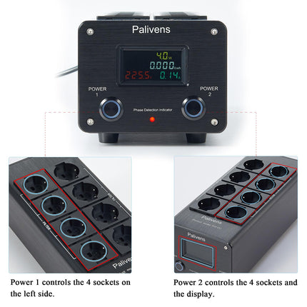 Pailvens HiFi pikendusjuhe, 8-suunaline häirete filtri pistikupesa LCD-ekraaniga, ülepingekaitse, koormuskaitse kuni 15 A, mitmikpesa kõlaritele, CD-DVD-mängija, must