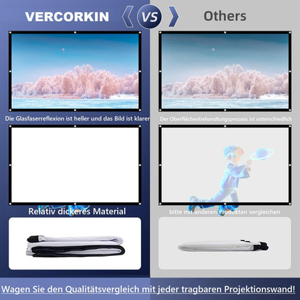 VERCORKINi projektori ekraan 120 tolli, 16:9/kortsuvaba/160°/pestav/kokkupandav, sise-/välistingimustes kasutamiseks, komplektis naelakonks ja käekott (120 tolli kahepoolne valge)
